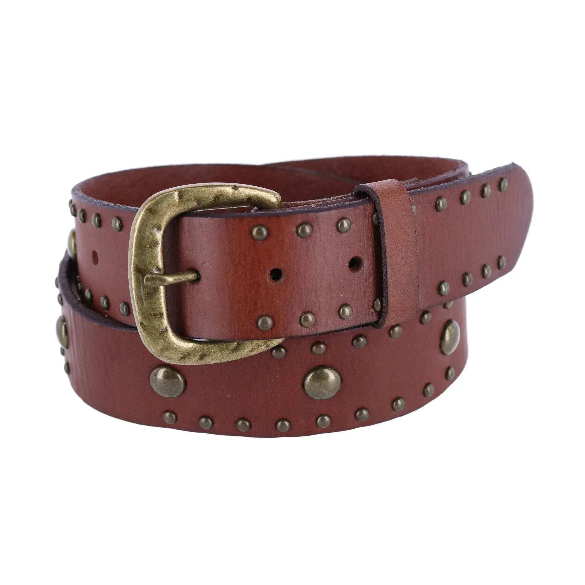 Toneka Women's Casual Waist Belt, Studded Bridle Style for Jeans with Antique Brass Studs & Raw Edges, Belts, Studded Belt Buckle