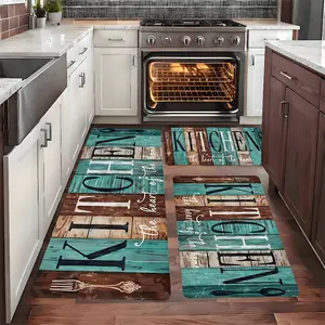 2/3pcs Blue and Brown Wood Grain and Simple English Pattern Kitchen Rug Set, Outdoor Indoor Entrance Mat, Suitable for Home, Living Room, Kitchen, Bedroom, Farmhouse, Study, Laundry Room, Kitchen Mat,Entry Mat