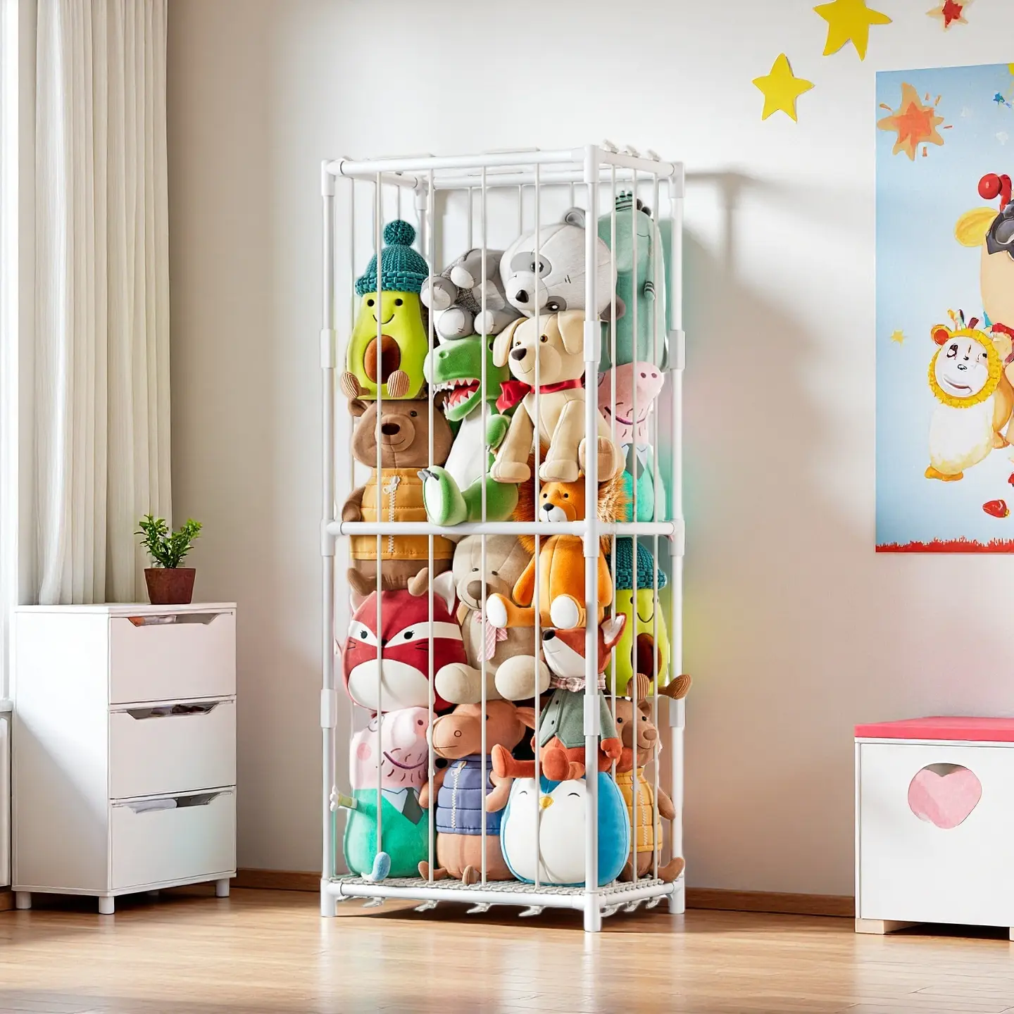 Zoo-themed Vertical Stuffed Animal Storage Organizer - Space-Saving Metal Frame with Elastic Bands & Net,  Playroom Bedroom Nursery summerwins