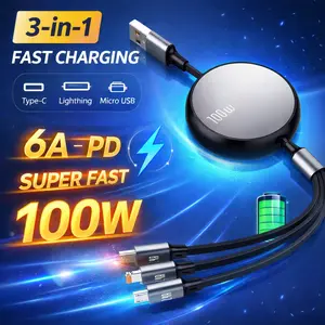 NEW 2026 3-in-1 USB Fast Charging Cable 100W | Type-C / Lightning / Micro USB | 6A PD Super Fast Charger for iPhone 15 14 13 12 Pro Max, Samsung, Huawei