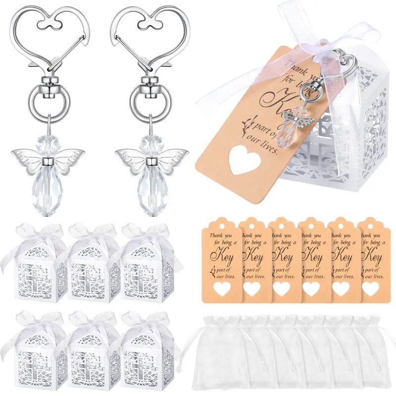 Baptism Favors Set Gift Kit Gift Pack Gift Sets First Communion Favors Angel Keychains Baptism Boxes White Organza Bags with Tags for Bautizo Recuerdos Christening Memorial Gifts Wedding Baby Shower Party Supplies