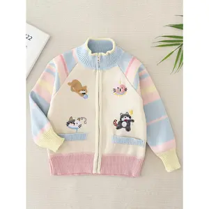 Girls' Sweater, New Autumn/Winter Style, Knitted Zip-Up Cardigan Medium to Large Kids, -Lined with Embroidered Cartoon Design