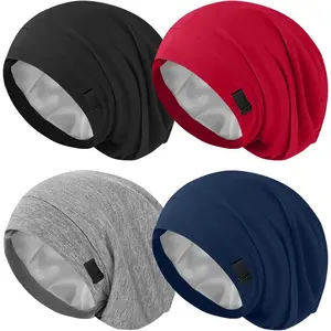4Pcs Silk Satin Bonnets for n Men, Adjustable Hair Wrap Slouchy Beanie Hat for Curly Hair