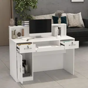 FUFU&GAGA Reception Desk with Counter, Retail Counter with Lighted Display Shelf & Lockable Drawers, for Salon Reception Room Checkout Office, White Furniture Storage