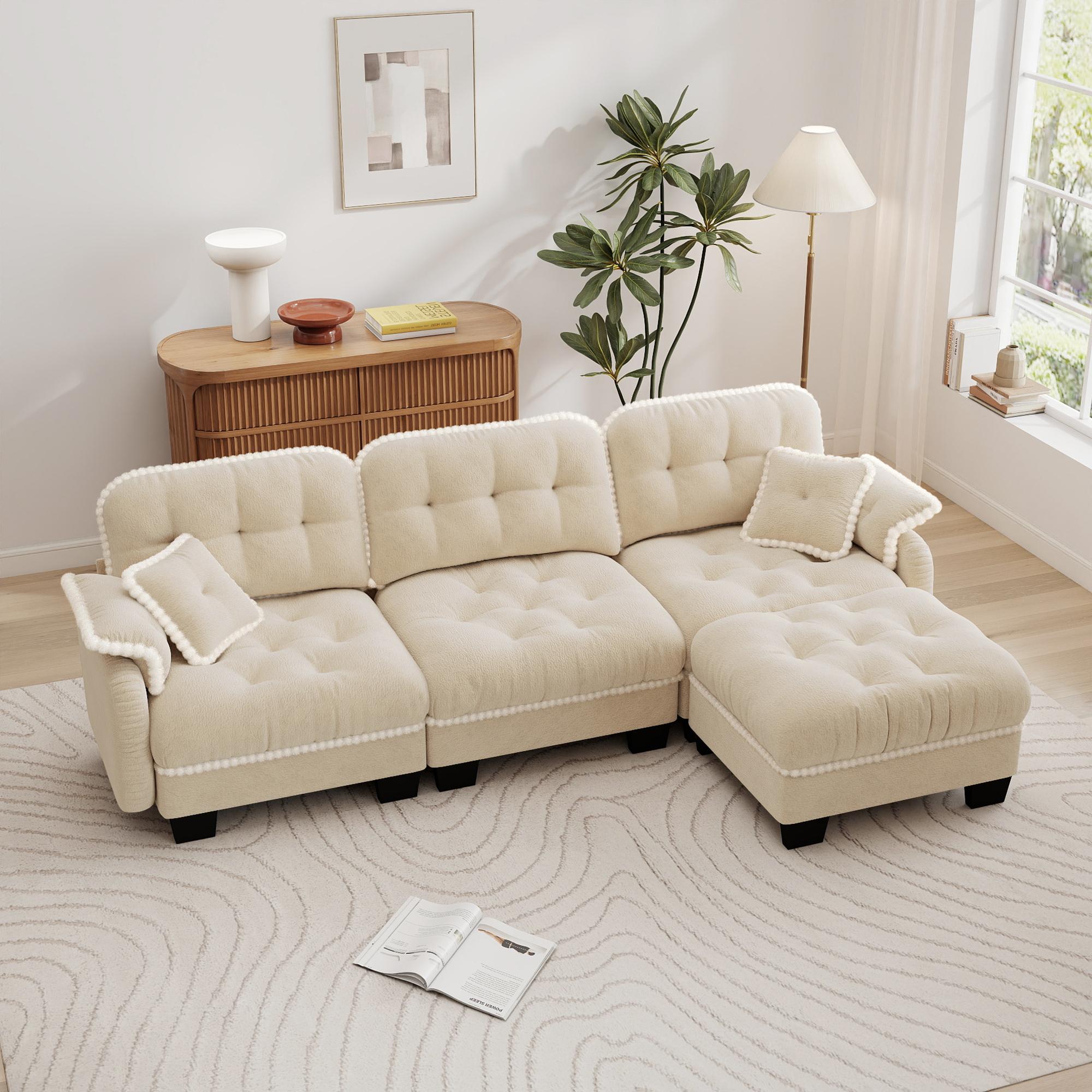Eyisean 100.7in Chenille Modern Modular Sectional Sofa Furniture - 3-Seater U-Shaped Comfy Couch with Fixed Arms, Armrest Pillow, Back Cushion, 2 Movable Ottomans, Pom-Pom Trim Quilted Tufted Deep Seat, Ergonomic for Living Room Decor, Small Spaces, Ottom