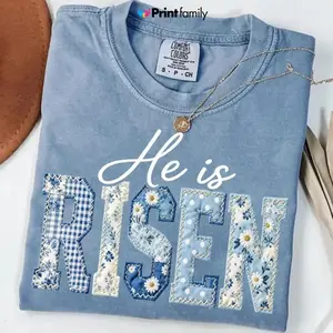 Comfort Colors PRINTED He is Risen Blue Toile Patchwork Easter T-shirt, Chinoiserie Shabby Chic, Cottagecore Jesus Varsity Faith, Blue White Quilt - Printfamily