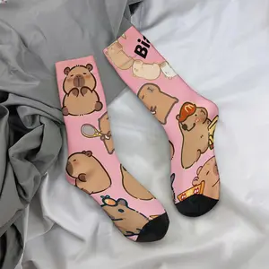 Cartoon capybara animal images, mid-calf socks, casual and sporty style - soft and comfortable.
