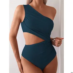 ssolidcolorasymmetricshouldersleevelesshollowoutonepieceswimsuitsummer tktokswimwomen