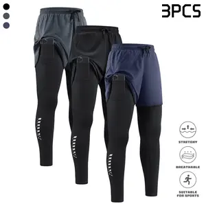 Men’s 2‑in‑1 double‑layer athletic pants set, three pieces. Includes health‑conscious pants with a phone pocket and a lightweight, comfortable lining. Suitable for yoga, fitness training, cycling, running, and outdoor morning runs.