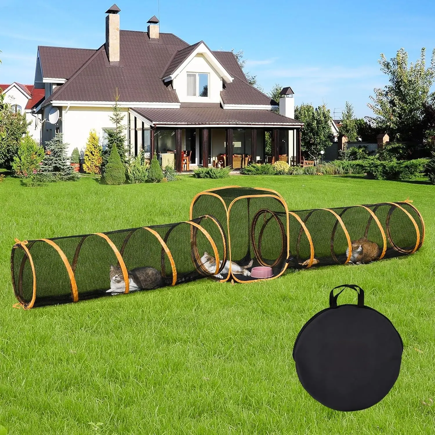 Outdoor Cat Enclosures with Tunnels, 10FT Cat Tunnel Outdoor with Cube, Portable Cat Playpen and Catio with Carry Bag for Multiple Cats Outside Kitty