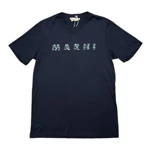 Lady's Marni Navy Blue Casual Round Neck Short-Sleeve Floral Logo T-Shirt, Women's Top