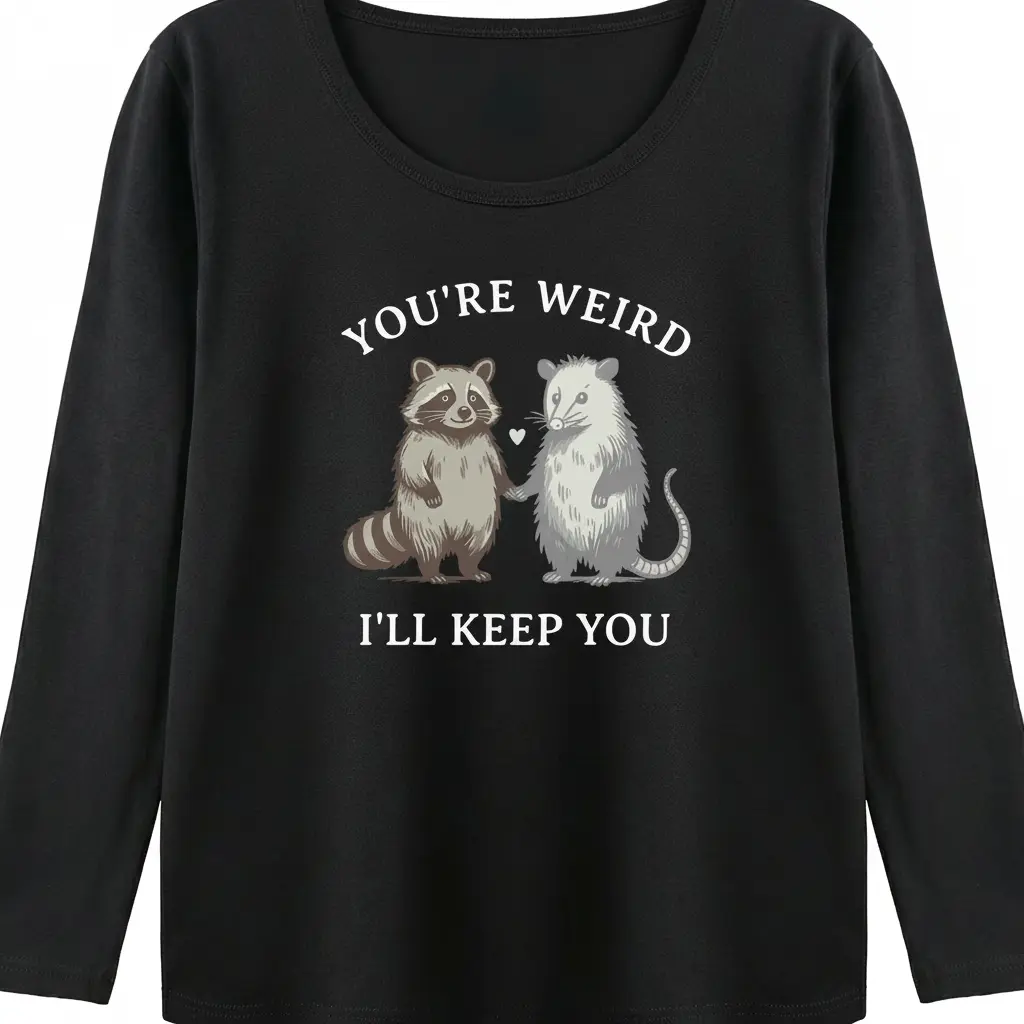 Funny Cute Graphic Tee Women You're Weird I'll Keep You Raccoon Opossum Couple Wholesome Retro Art Relaxed Fit Comfy Top Best Friend Gift
