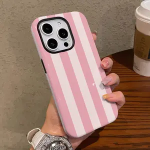 Fashion Pink and White Wide Stripe Phone Case for iPhone 17, 17 Air, 17 PM, 16 Pro Max, 15P, 13, 11, 12, XS, 8 PLUS, 7 2-in-1 Compatible with Samsung Galaxy S25