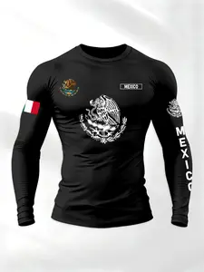 Men's Sporty Long Sleeve T-Shirt, Spring & Fall Fashion Round Neck, Mexican Eagle Snake Letter Pattern, Comfortable Streetwear
