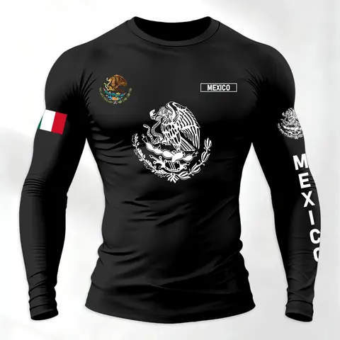 Men's Sporty Long Sleeve T-Shirt, Spring & Fall Fashion Round Neck, Mexican Eagle Snake Letter Pattern, Athletic Letter Print, Comfortable Streetwear