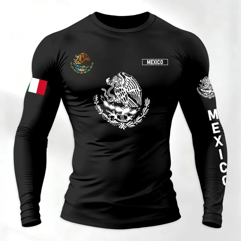 Men's Sporty Long Sleeve T-Shirt, Spring & Fall Fashion Round Neck, Mexican Eagle Snake Letter Pattern, Athletic Letter Print, Comfortable Streetwear