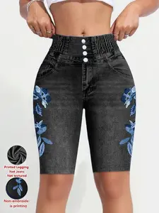 Women's Printed Leggings Non-Denim Fabric, Casual Fashion Tight Shorts, Elastic Fake Jeans Print, All-Season Comfort Bottom