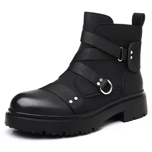 Men's Black Chunky Platform Ankle Boots with Strap Buckles Easy Side  Thick Grip Sole Stylish Tactical Streetwear Casual Fashion Shoes