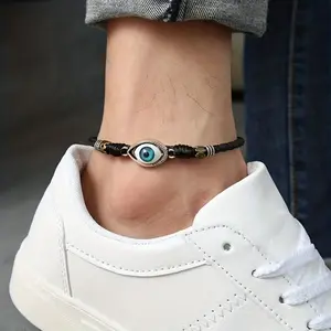 Men's Leather Evil Eye Anklet - Bold Red Rope Design, Acrylic Pendant, Vintage Fashionable Personality-Focused Costume Jewelry Accessory
