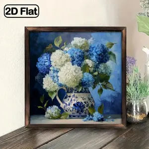 2D Panel, 8x8inch Vintage Blue and White Hydrangea Frame Wall Art - Rustic Wooden Frame Hyacinth and Lilac Floral Painting, Farmhouse Indoor/Outdoor Decoration, White Lilac Flowers, Square Wooden Panel, Suitable for Home, Cafe, Porch - Classic Aesthetic G