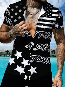 American Flag Printed Men's Short Sleeve Shirt, Fashion Trendy Casual Men's Top