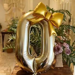 Oversized Gold Number and Bow Foil Balloons Set of 2 Large 40" Digit Balloon for Birthday Party Anniversary Valentine's Day Proposal Decor High-End Wedding Room Decoration Supplies Elegant Party Balloon Kit
