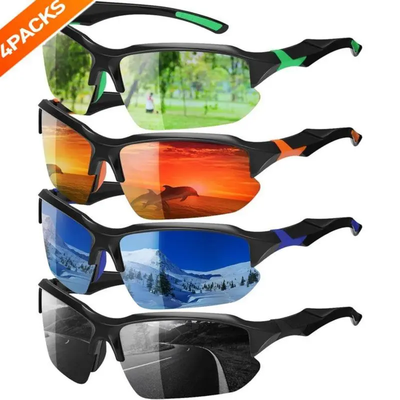 Unisex 4-Pack Polarized Sports Sunglasses - Lightweight TR 90 Nylon Frames (Full-Rim, Half-Rim, Rimless), UV Protection, Sunglasses for Women, Athletic Vintage Tortoiseshell Blinged Summer Eyewear, Ideal for Running, Cycling, Men's Sunglasses