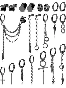 21 Pieces Stainless Steel Earrings for Men and Women Feather Pendant Earrings Cross Chain Fresh Earrings Kpop Punk Gold Silver Black