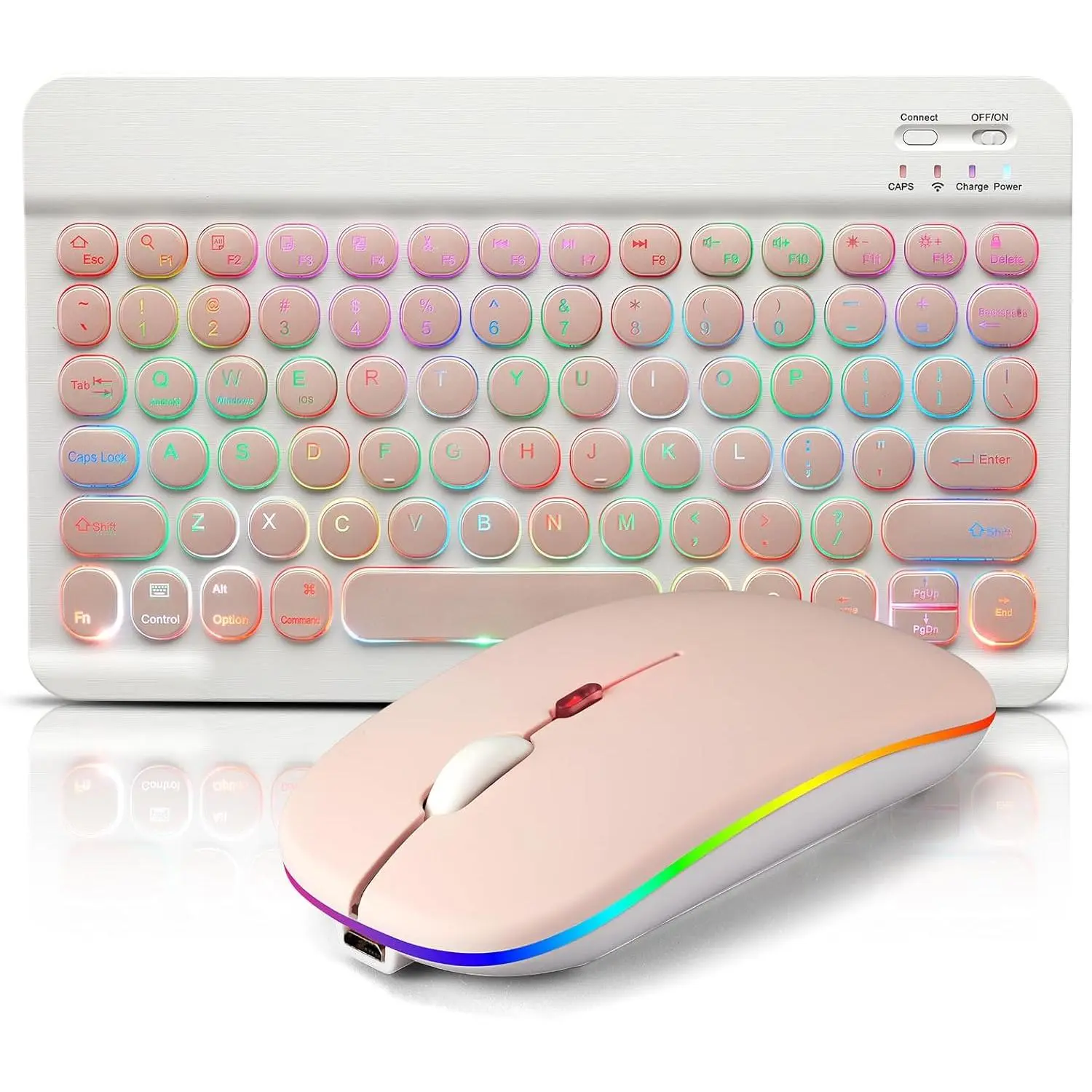 Bluetooth Keyboard and Mouse Combo for iPad - Rechargeable Wireless Keyboard & Mouse with 7-Color Backlit Compatible with iPad 9th/8th Gen, iPad Pro/Air/Mini, iPhone14/13/12 Pro, Round Keys Pink