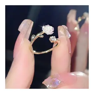 Zirconia Rose Cherry Blossom Tulip Luxury Zircon Flower Opening Rings for Women Cubic Adjustable Finger Ring Wedding Jewelry