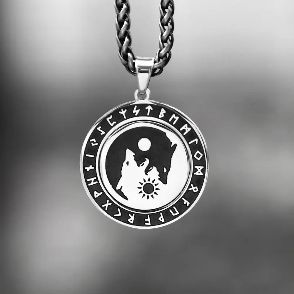GTHIC Viking Wolf With Runes Amulet For Men Rotatable Necklace Stainless Steel