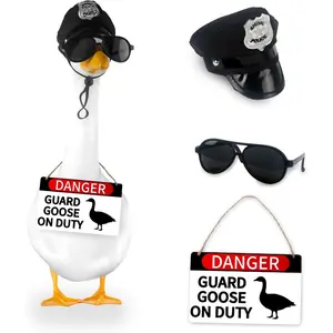 3 Pcs Porch Goose Accessories Porch Goose Sign Goose Police Hat Eyeglasses Wooden Gooses Warning Sign Danger Guard Goose on Duty Warning Sign Goose Outfits Decor for Yard Porch Lawn