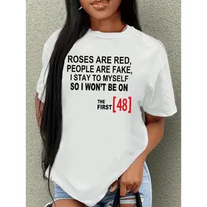 Women's Letter & Figure Print Round Neck Tee, Trendy Casual Drop Shoulder Short Sleeve T-Shirt for Daily Wear, Ladies Summer Clothes, Funny Graphic Tees, Womenswear, Tshirt