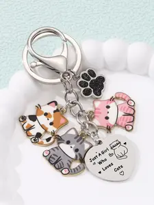 Cute Colorful Cat Keychain, Stainless Steel Laser Engraved Heart Design, Alloy Animal Pet Charm, Trendy Gift for Friends and Family, Fashionable Alloy Keychain, Keychains for Girls