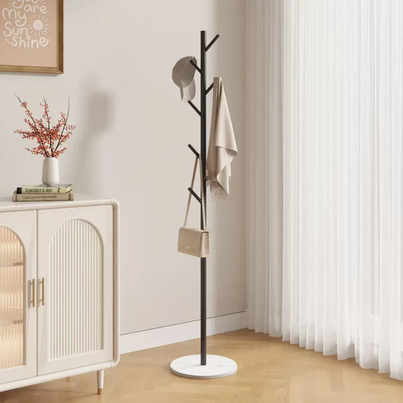 Artistic Heavy-Duty Metal Body Floor-Standing Clothes Rack with Marble Base - Stable Frame Vertical Stand Garment Storage Home Organizer for Bedroom, Holds Hats, Scarves, Coats - Ideal Family Gift, Black & Gold