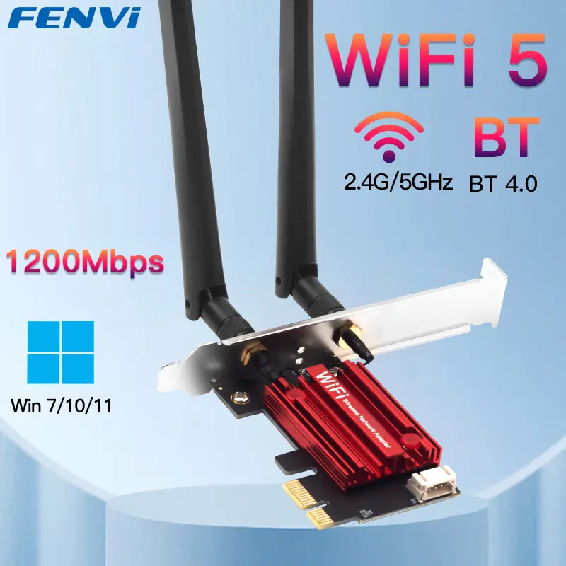FENVI WiFi 5 PCI-E Wireless Adapter, AC1200 Dual Band 2.4G/5GHz 802.11AC Network Card with Bluetooth 4.0 for Desktop Users, Windows PC 7/8/10/11