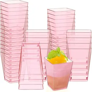 5 oz Plastic Dessert Cups Appetizer Cups for Parties Mini Square Disposable Dessert Bowls Clear Parfait Bowls for Pudding Fruit Yogurt Ice Cream Mousse(Pink,50 Pcs)