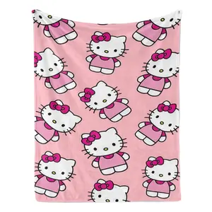 Sanrio Cute Pink Hello Kitty Full Print Plush Blanket Soft Lightweight Throw for Bedroom Living Room Trendy Cozy Decor