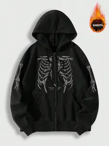 Fall outfits ,Men's Hooded Zipper Sweatshirt with Skeleton Print, Warm Fall Fashion, Perfect for Halloween & Daily Wear, Dark Trendy Style