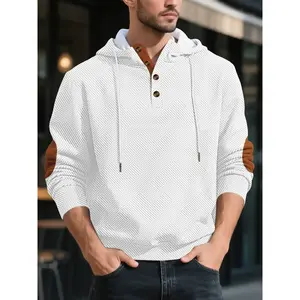 Men's solid color hoodie with texture, basic spliced color elbow patch design casual long sleeve top, relaxed and comfortable fashion style, 202 new men's autumn and winter hoodie, men's clothing, sports apparel.