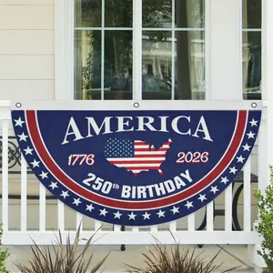 America 250th Birthday Semicircular Flag Banner 1776–2026 Patriotic Bunting, USA Independence Day Porch Decor Flag, Fourth Of July Patriotic Half Fan Flag Decoration For Porch Fence Yard