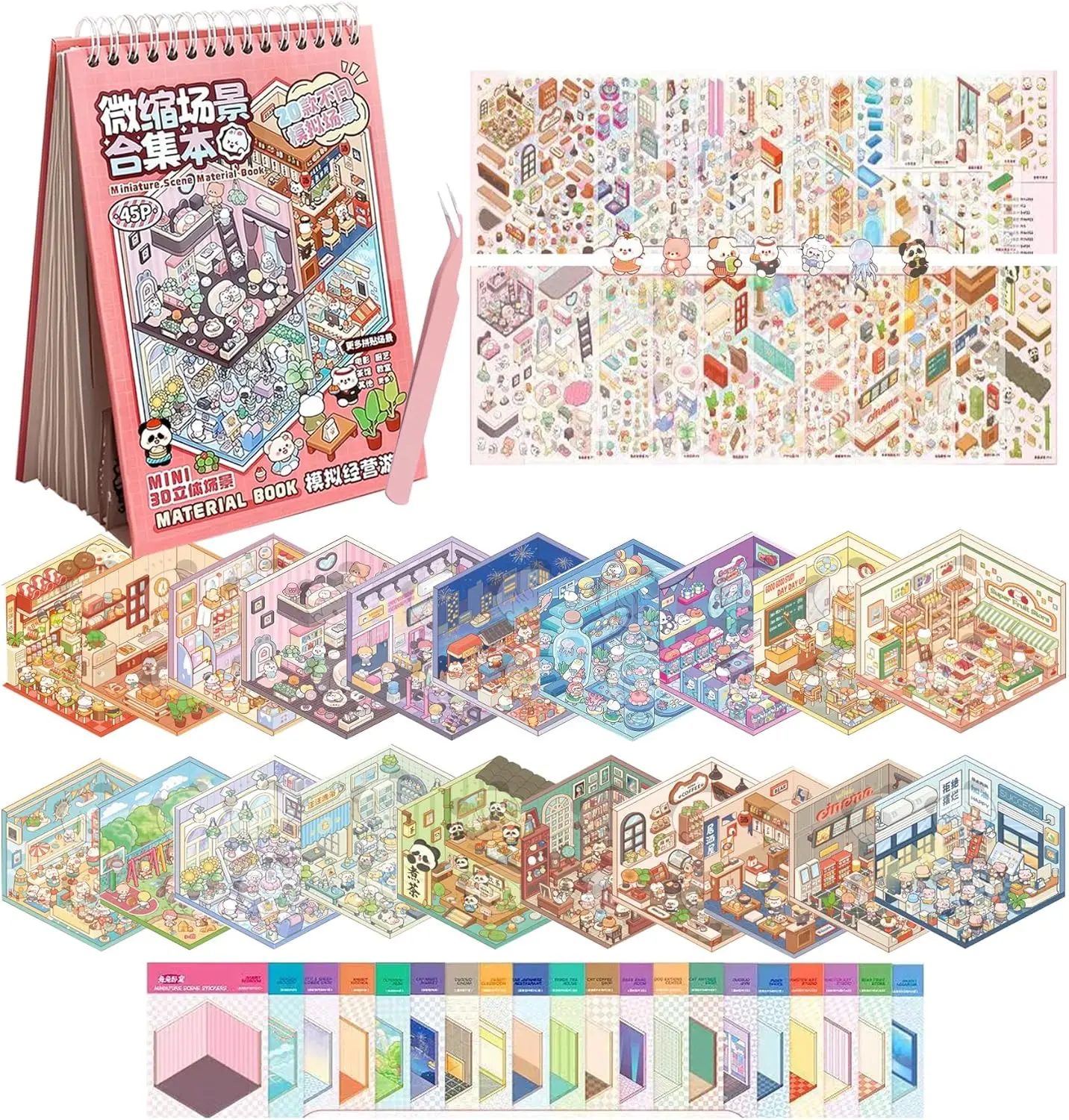 Summer Spring Gift 10 Sets 3D Sticker Scene Book for Kids Adults Funny Sticker Therapy Scenes Mini Shop DIY 3D House Stickers Relief Stress