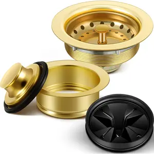 5 Pcs 3-1/2 Inch Kitchen Sink Drain Strainer Assembly Garbage Disposal Flange Stopper Plug Garbage Disposal Splash Guard Stainless Steel Drain Strainer Replacement Kit (Gold)