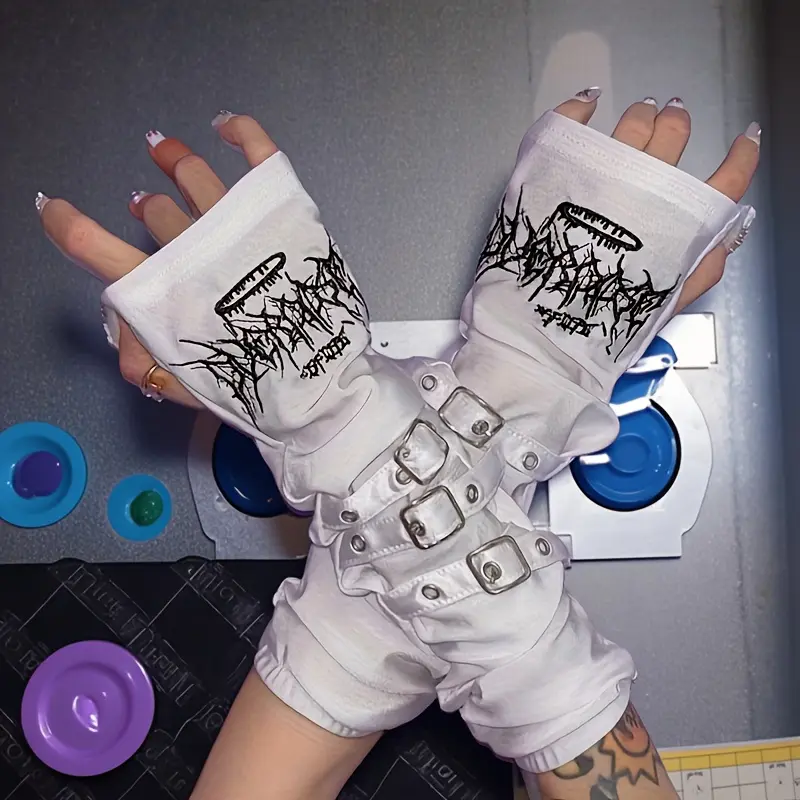 1 Pair Y2K Punk Fingerless Gloves, Black Acrylic Arm Covers with Metal Buckles and Embroidery Design, Durable Fashion Accessories, Trendy Outfit Decor for Party and Y2K Style Wear