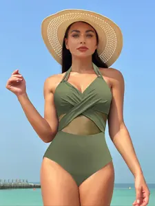 Women's Solid Color One-Piece Swimsuit, Swimsuit Style, Fashionable Beachwear, Slimming Ruched Design, Perfect for Summer Pool & Beach