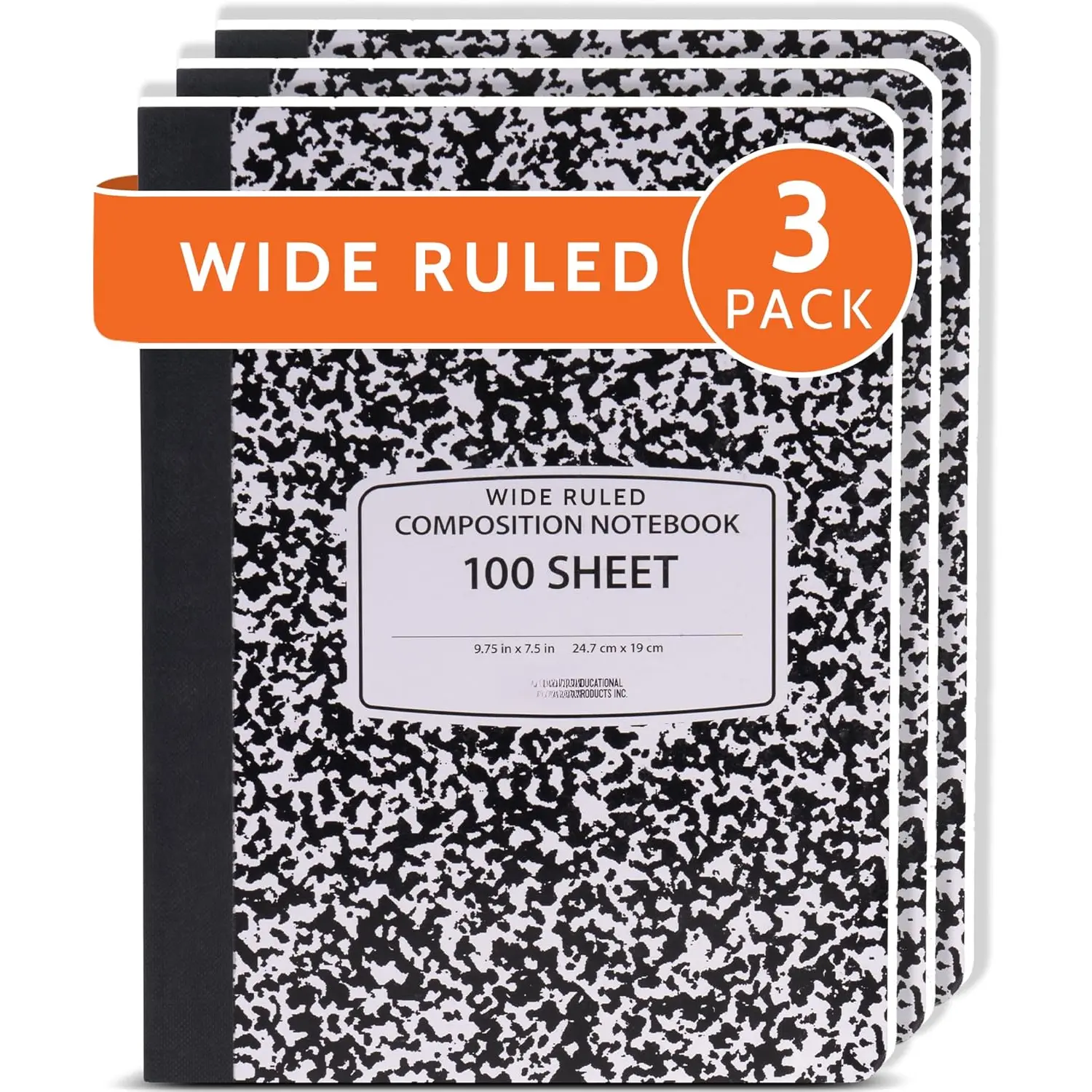 Marble Wide Ruled Composition Notebook 3-Pack (Excellent Value Pack), Hardcover, 200 Pages (100 Sheets), 9.75x7.5in, Durable Covers, Sturdy Sewn Binding, Ruled Paper, Modern Reference Tools, Manufacturer Warranty - For School, Office, Name Slots