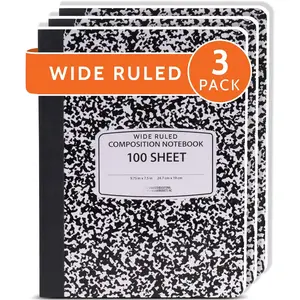 Marble Hardcover Wide Ruled Composition Notebook 3-Pack, Durable Covers, 200 Pages (100 Sheets), 9.75x7.5in, Sturdy Sewn Binding, Modern Helpful Reference Tools, Manufacturer Warranty - For School, Office, Name Slots