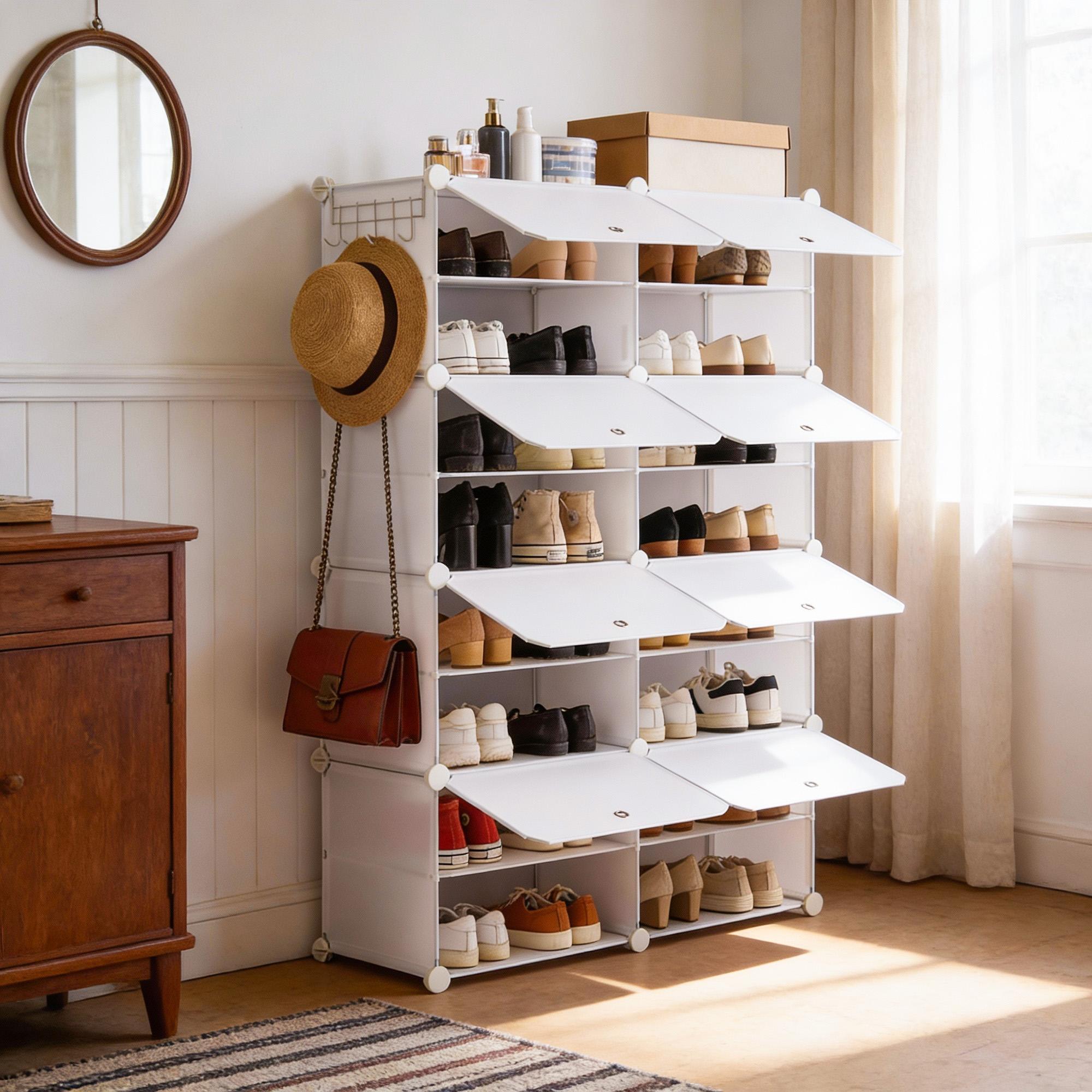Shoe Rack Organizer - 6/8-Tier, 24/32-Capacity, Sturdy Metal Frame, Black & White Plastic Panels, Side Hooks, Waterproof, Durable Reinforced, Easy Installation, Storage Organization, House Organizers, Apartment Accessories, for Entryways