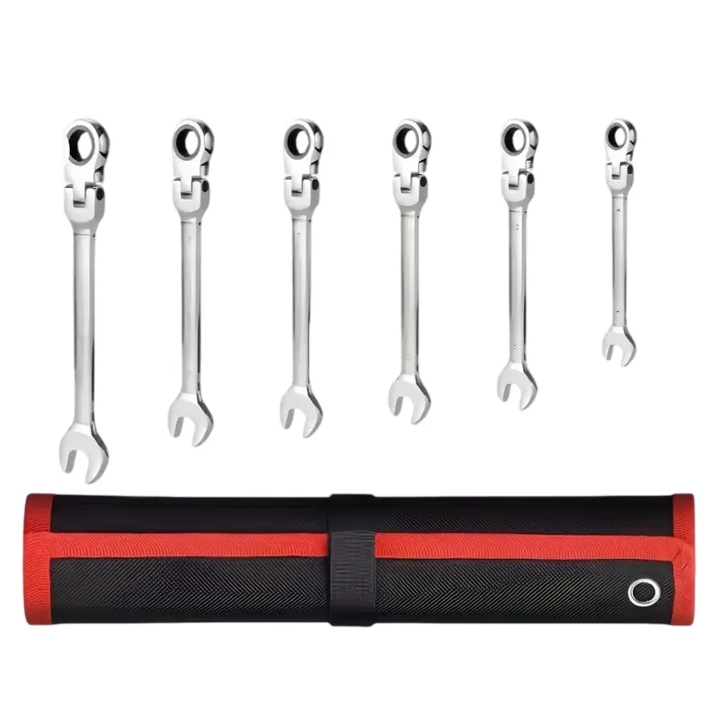 6PCS Flex Head Ratcheting Wrench Set Metric (8-17mm), 72-Tooth 180° Swivel Head Combination Ratchet Spanner Set, Chrome Vanadium Steel Open & Box End Hand Tool Kit with Roll-Up Pouch for Automotive Car Repair