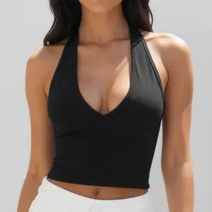 ETCYY Sexy Deep V Neck Halter Crop Top for Women – Black Slim Fit Workout Tank Top,Women's Breathable Sports Tank Top,urban tank top bra style,Stretchy Soft Sleeveless Camisole for Yoga, Gym, Club, Summer Casual Wear, Tank Top for Women,Tank Tops,